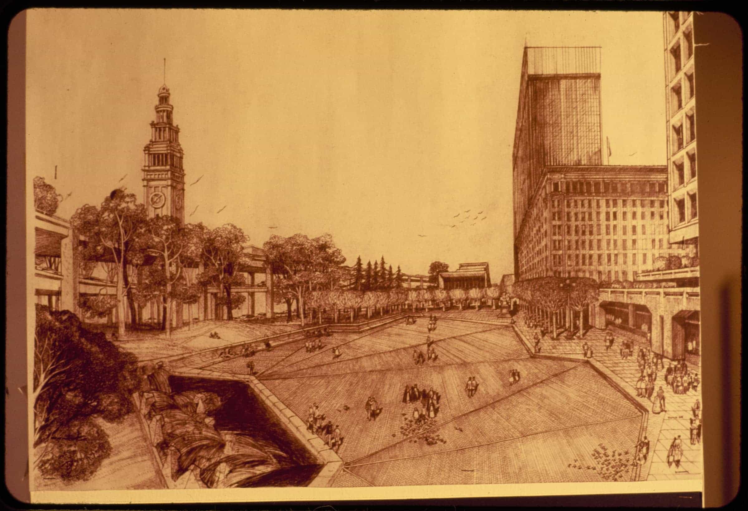 Plaza and fountain drawing